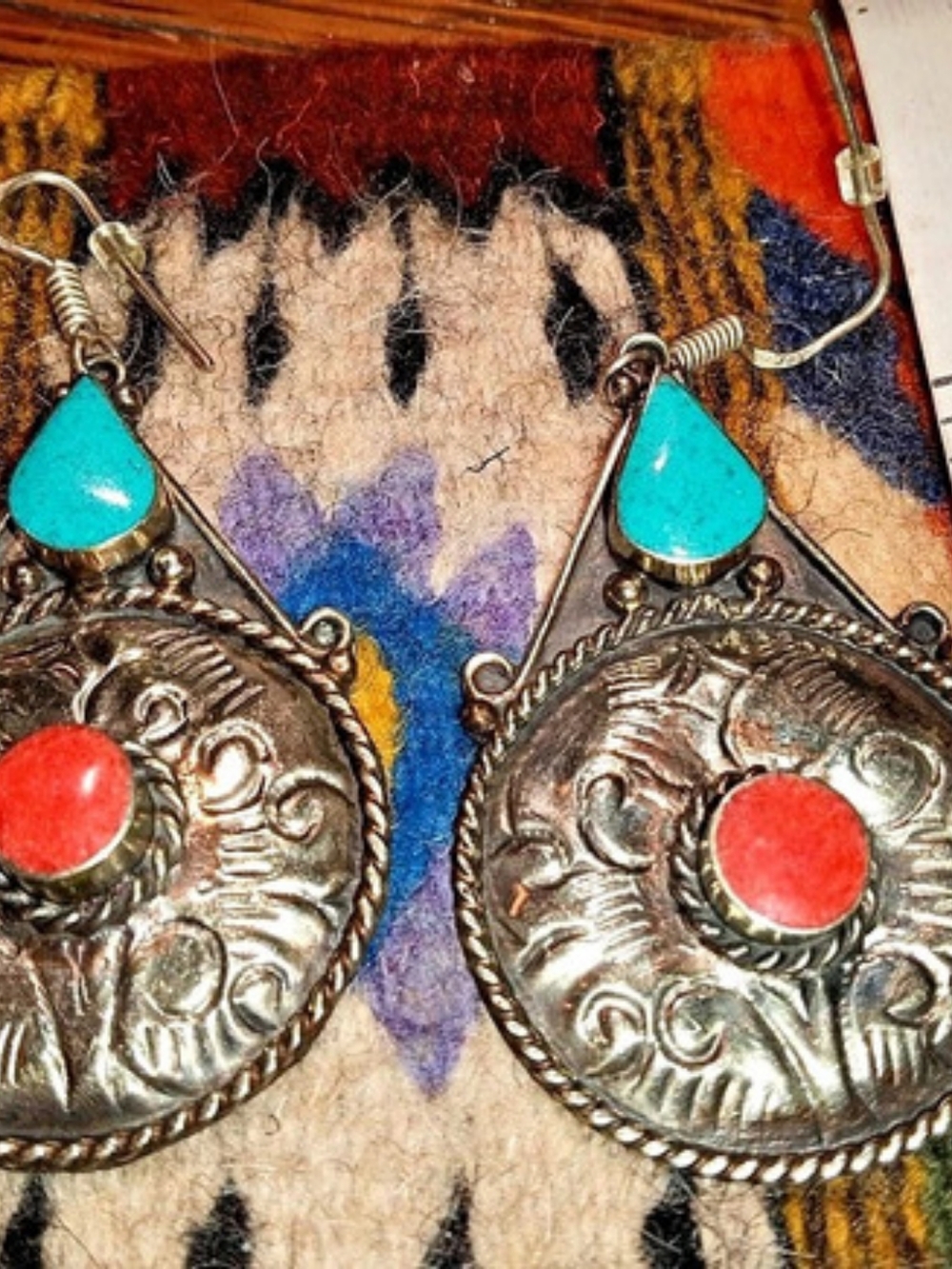 Turquoise Coral Filigree Dangle Earrings